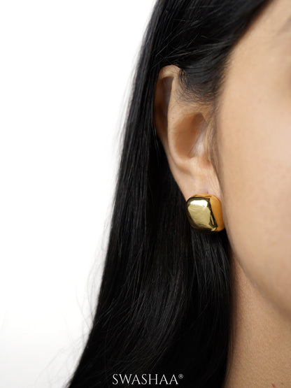 Maple Glossy Square Dome Shaped 18K Gold Plated Stud Earrings