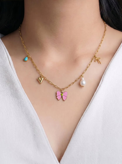Maribel Bow Pearl Heart Charms 18K Gold Plated Women's Chain Pendant Necklace