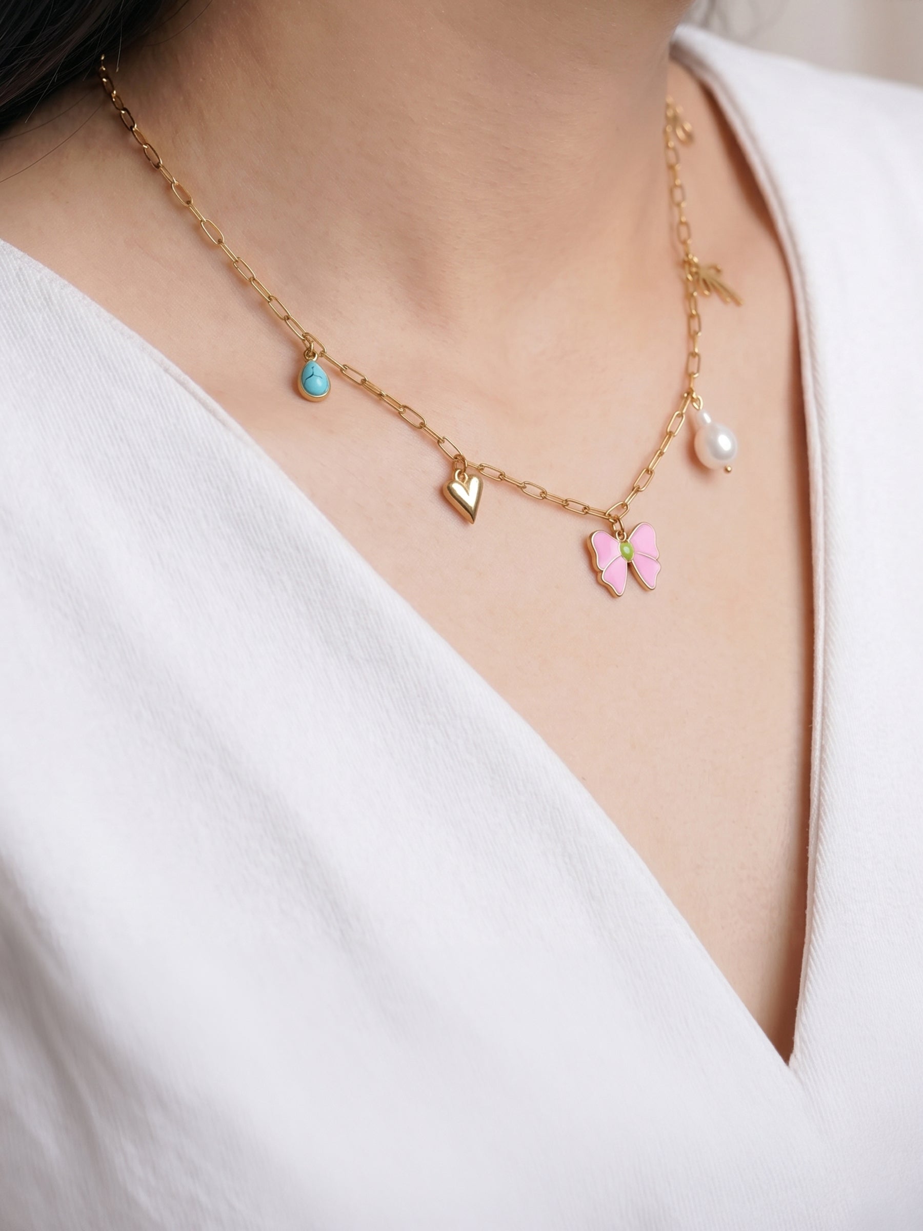 Maribel Bow Pearl Heart Charms 18K Gold Plated Women's Chain Pendant Necklace