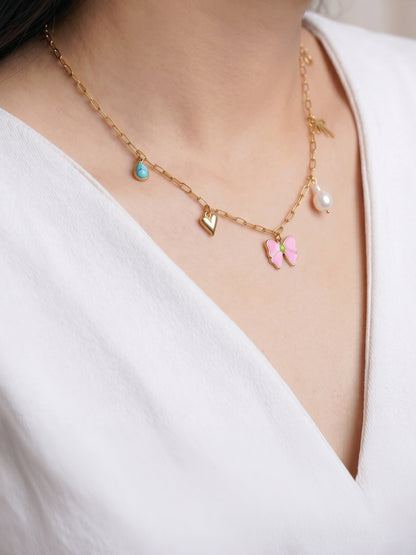Maribel Bow Pearl Heart Charms 18K Gold Plated Women's Chain Pendant Necklace