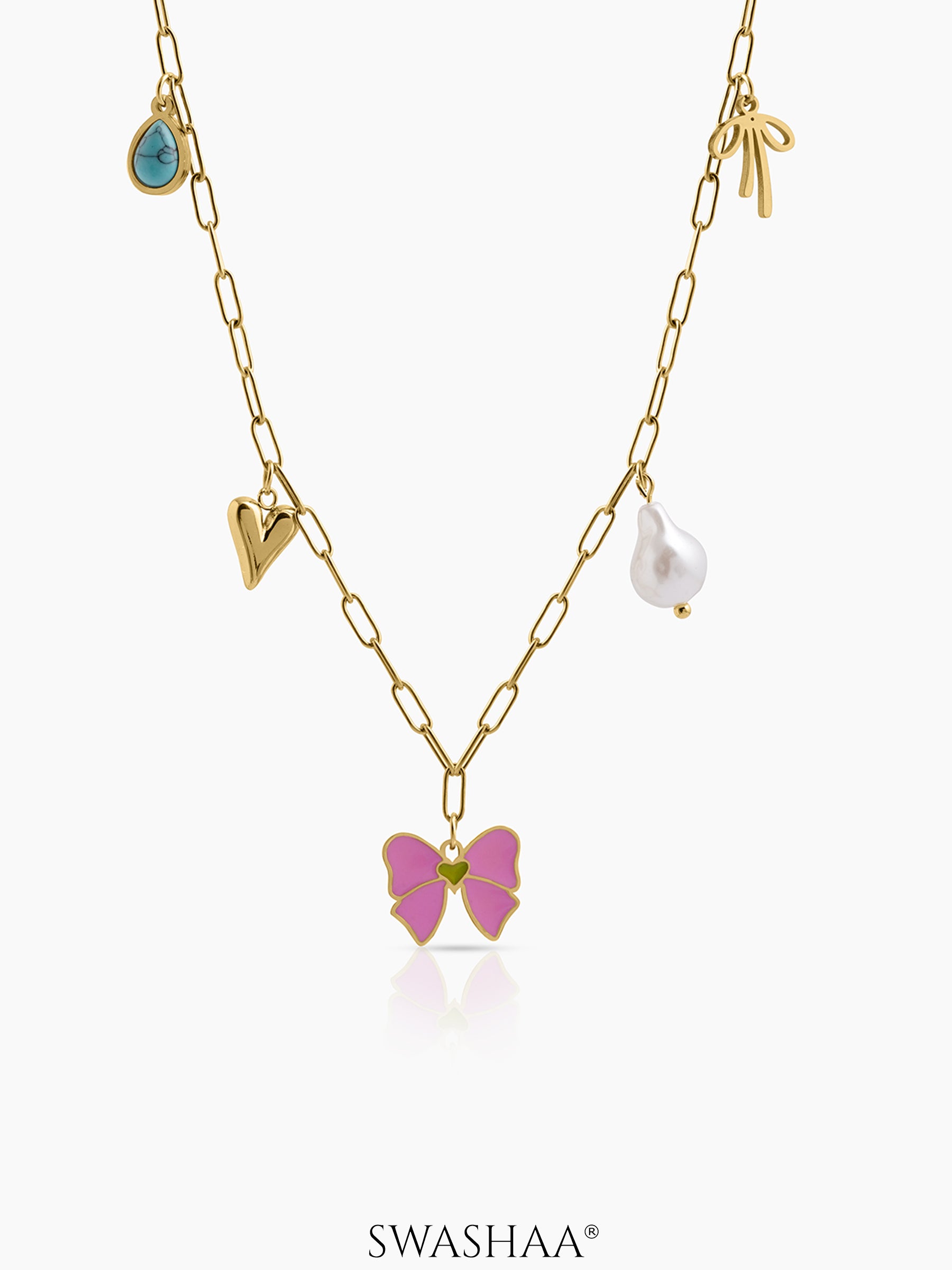 Maribel Bow Pearl Charms Necklace - Swashaa
