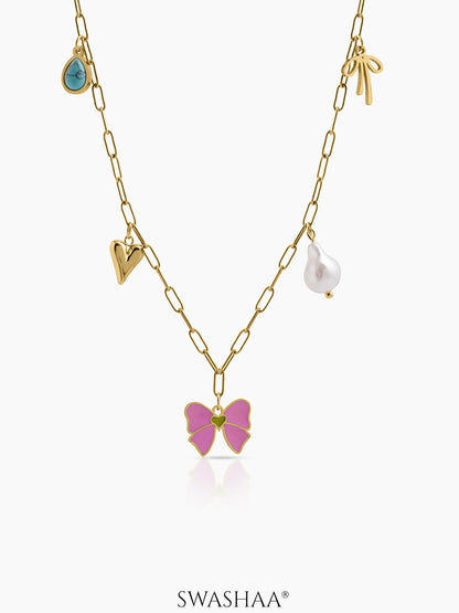 Maribel Bow Pearl Heart Charms 18K Gold Plated Women's Chain Pendant Necklace