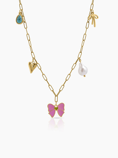 Maribel Bow Pearl Heart Charms 18K Gold Plated Women's Chain Pendant Necklace