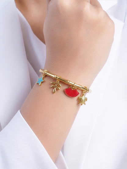 Mariel Starfish,Coral Branch,Shell,Tiny Turtle Charms 18K Gold Tone Plated Women's Band Bracelet
