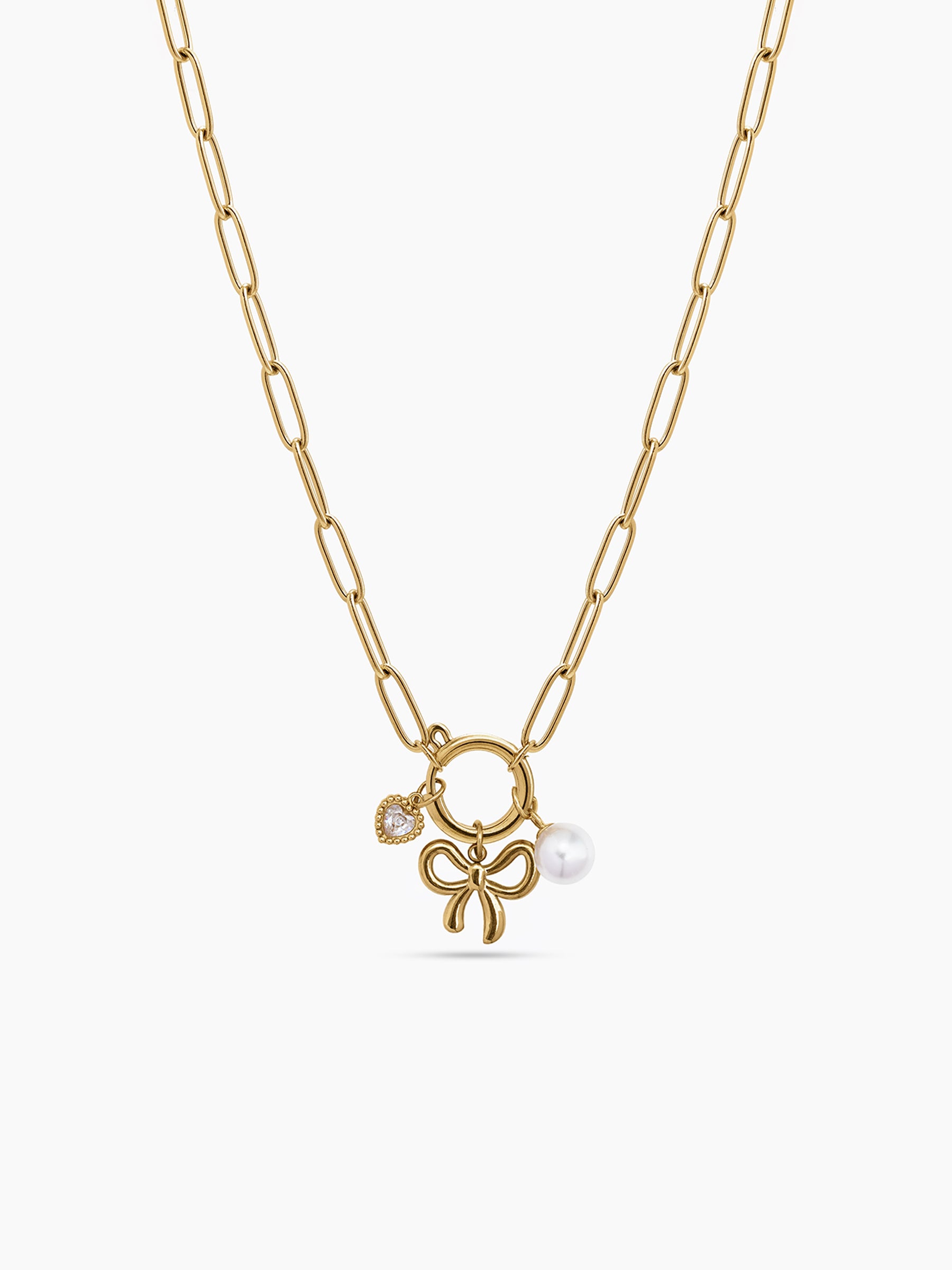 Mariette Bow Pearl Heart Diamond Charms 18K Gold Plated Women's Chain Pendant Necklace