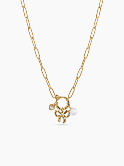 Mariette Bow Pearl Heart Diamond Charms 18K Gold Plated Women's Chain Pendant Necklace