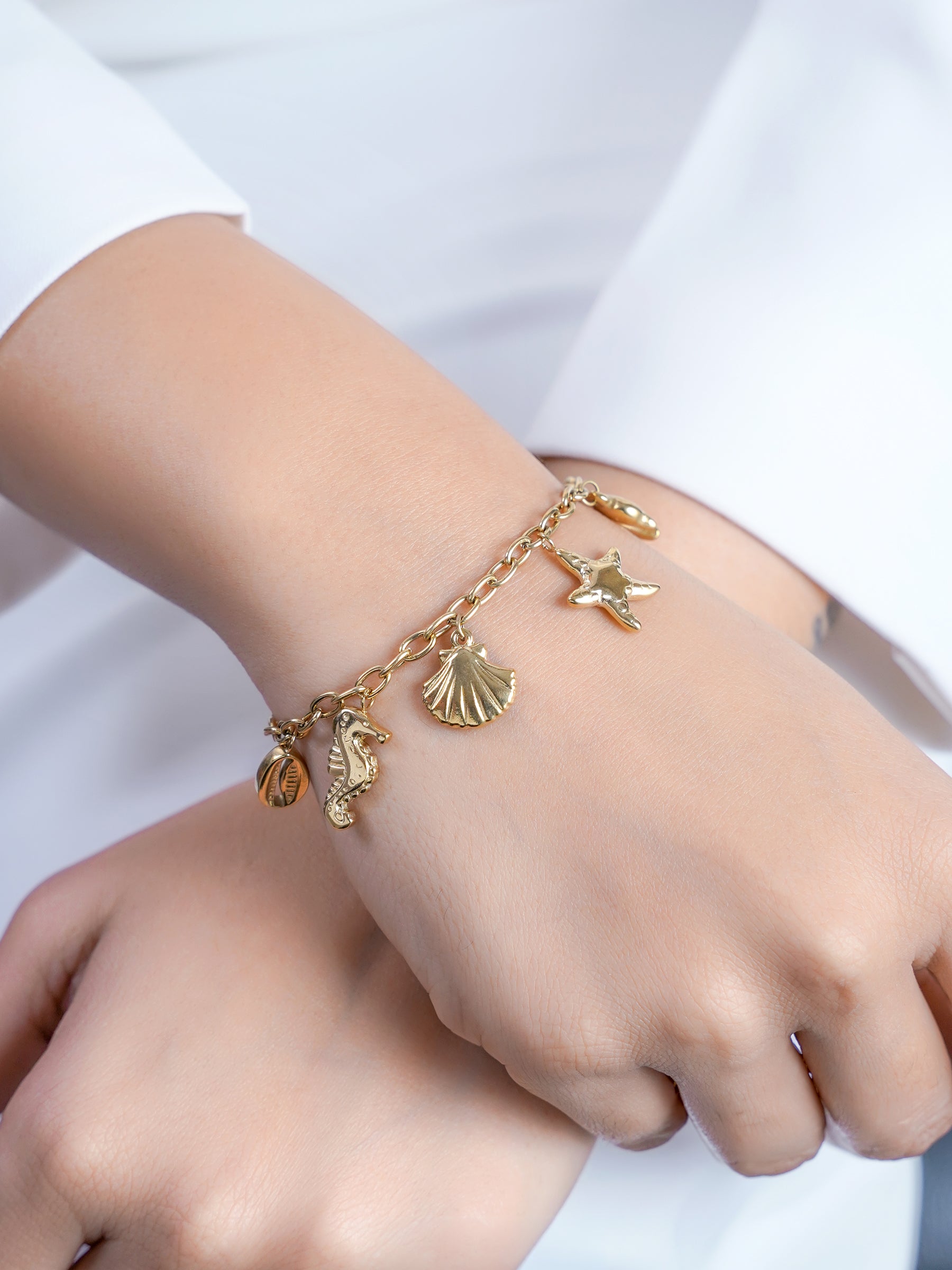 Marilia Ocean Shell Dangling Dolphin Seahorse Beach Charms Loose Chain Bracelet