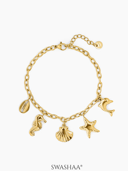 Marilia Ocean Shell Dangling Dolphin Seahorse Beach Charms Loose Chain Bracelet
