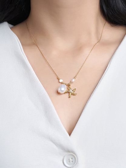 Marina Starfish & Pearl Charm Beads 18K Gold Plated Chain Pendant Necklace