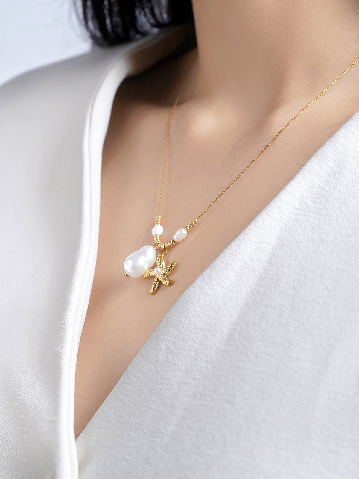 Marina Starfish & Pearl Charm Beads 18K Gold Plated Chain Pendant Necklace