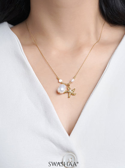 Marina Starfish & Pearl Charm Beads 18K Gold Plated Chain Pendant Necklace