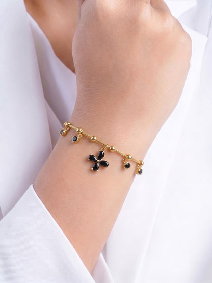 Marinda Floral Black Stone Charms 18K Gold Plated Women's Loose Bracelets