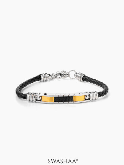 Mario Black Silver Gold Men's Leather Bracelet