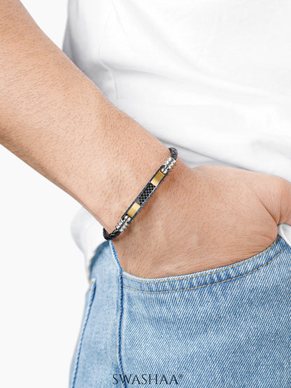 Mario Black Silver Gold Men's Leather Bracelet