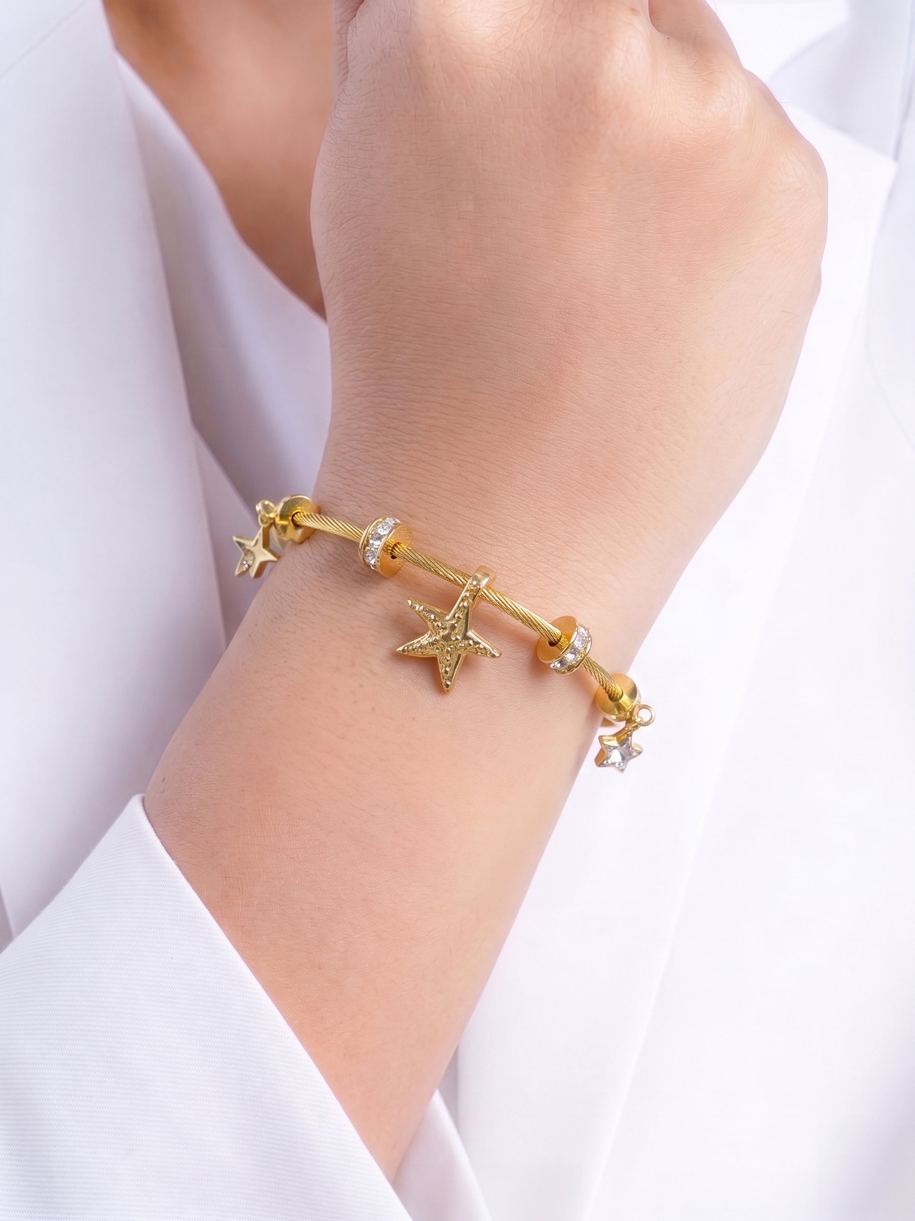 Marita Diamond Star Fish Charms 18K Gold Plated Women's Solid Band Bracelet