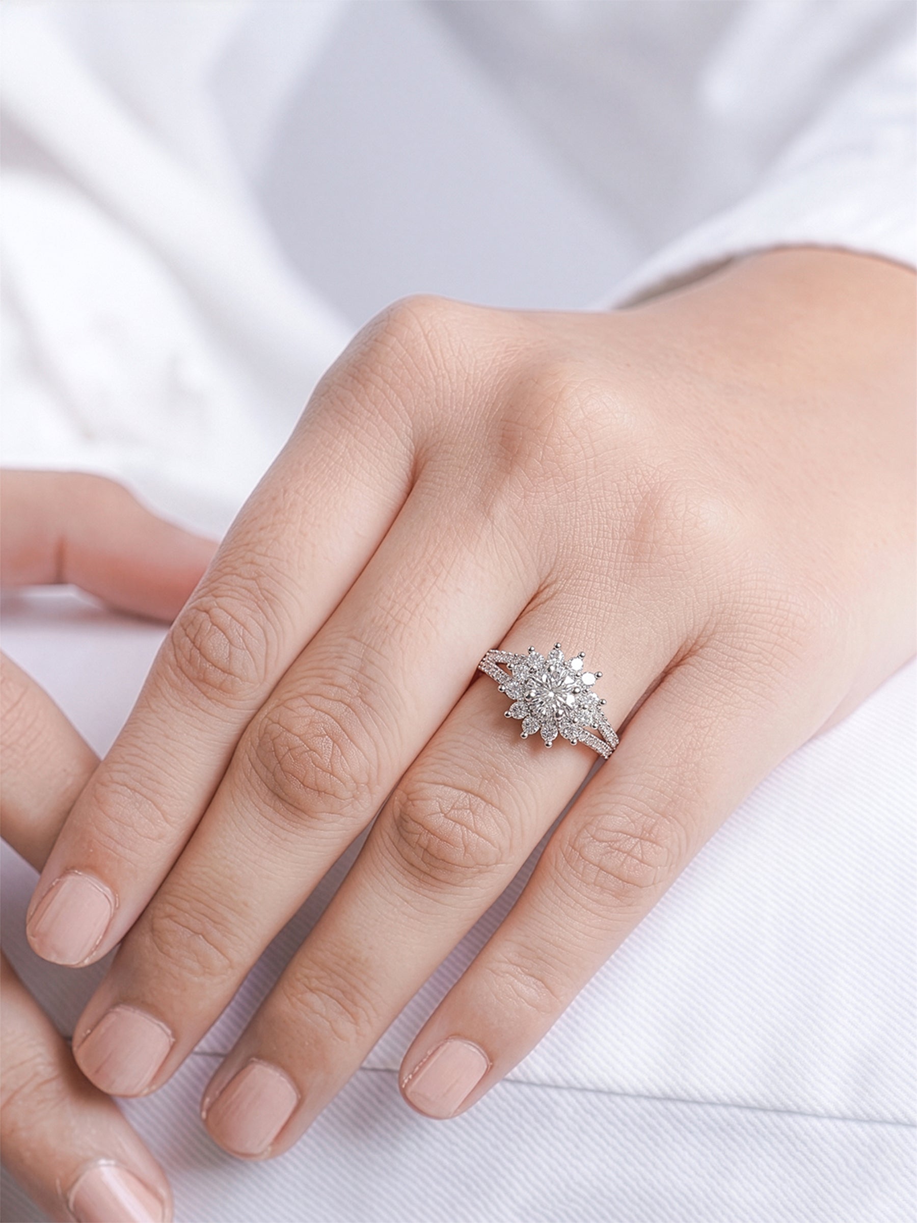 Marivelle Flora Sun Round Silver Diamond Solitaire Women's Ring