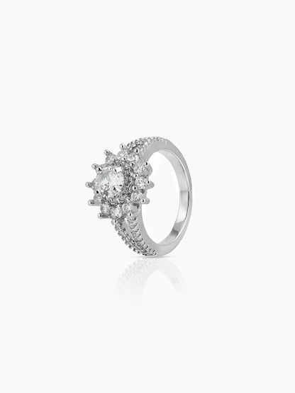 Marivelle Flora Sun Round Silver Diamond Solitaire Women's Ring