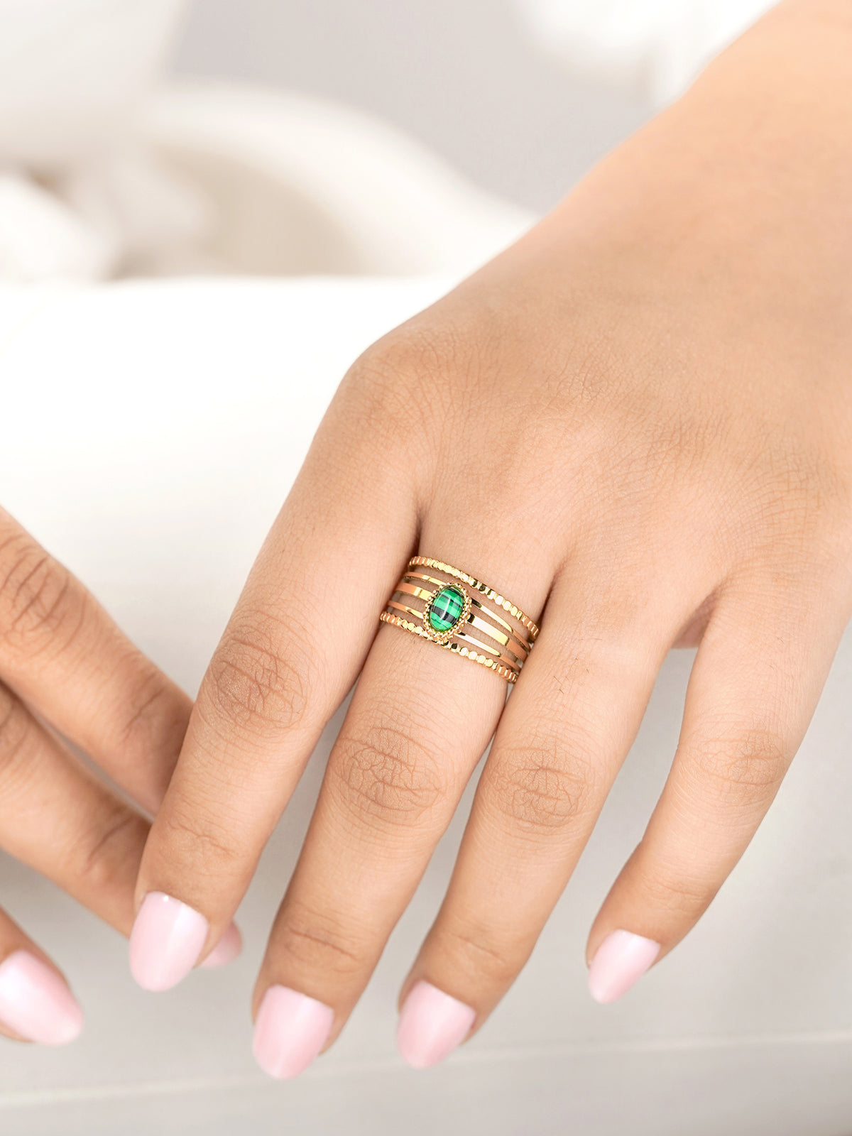 Maro Multiple Bands Emerald Green Stone 18K Gold Plated Ring