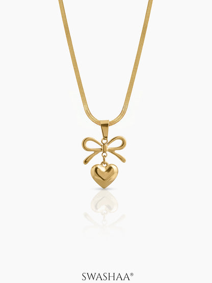 Marvella Bow Heart 18k Gold Plated Women's Chain Pendant Necklace