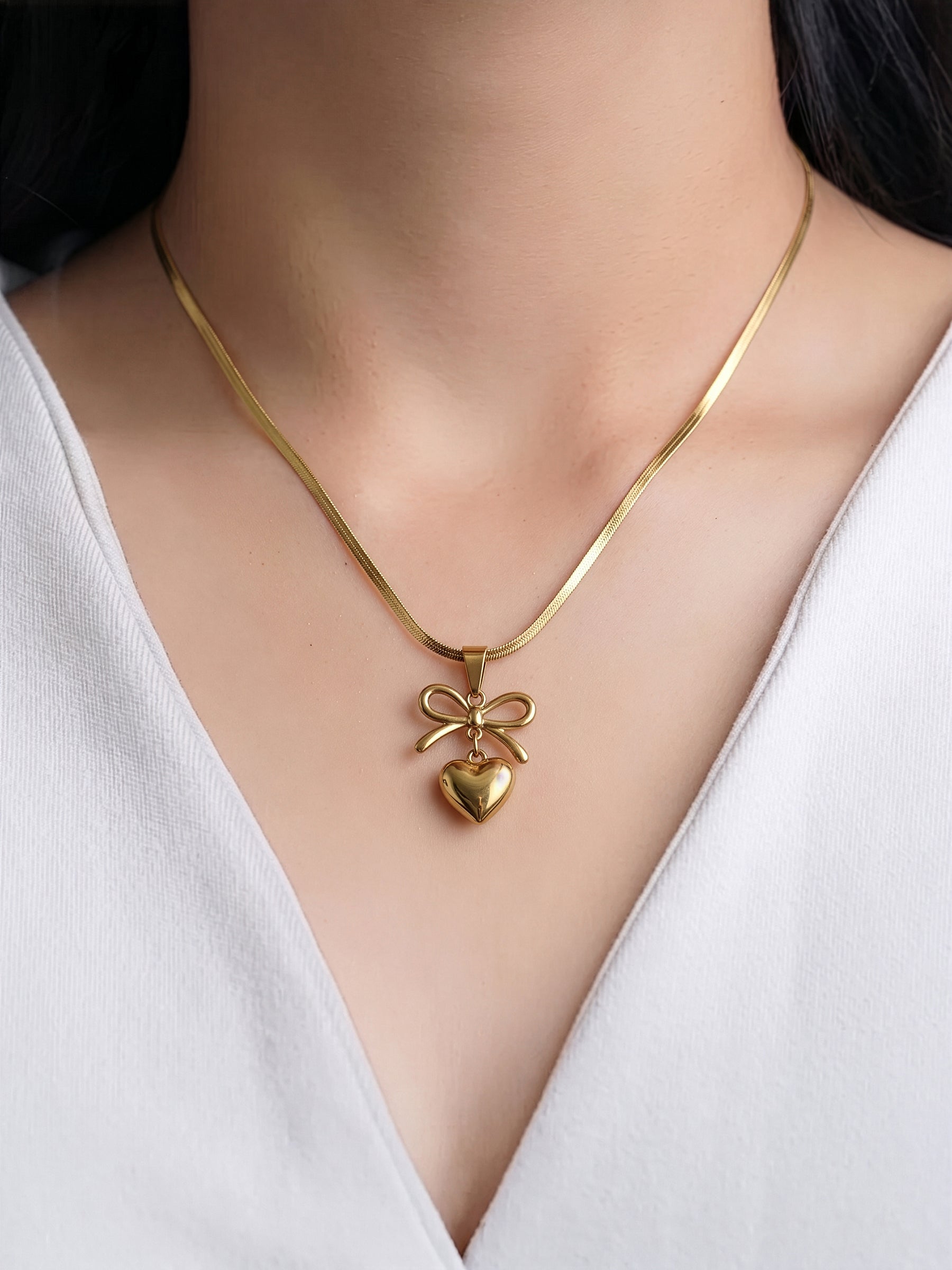 Marvella Bow Heart 18k Gold Plated Women's Chain Pendant Necklace