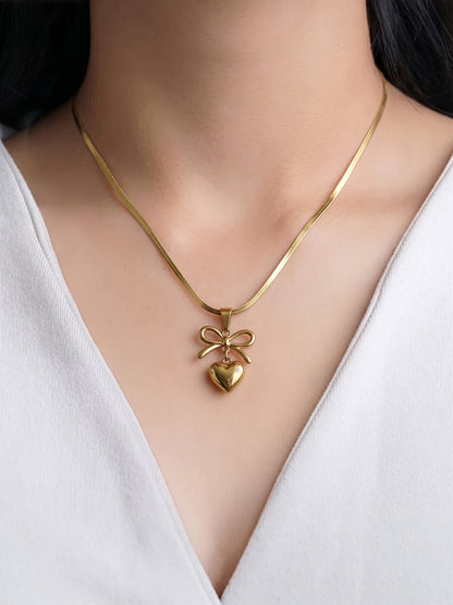 Marvella Bow Heart 18k Gold Plated Women's Chain Pendant Necklace