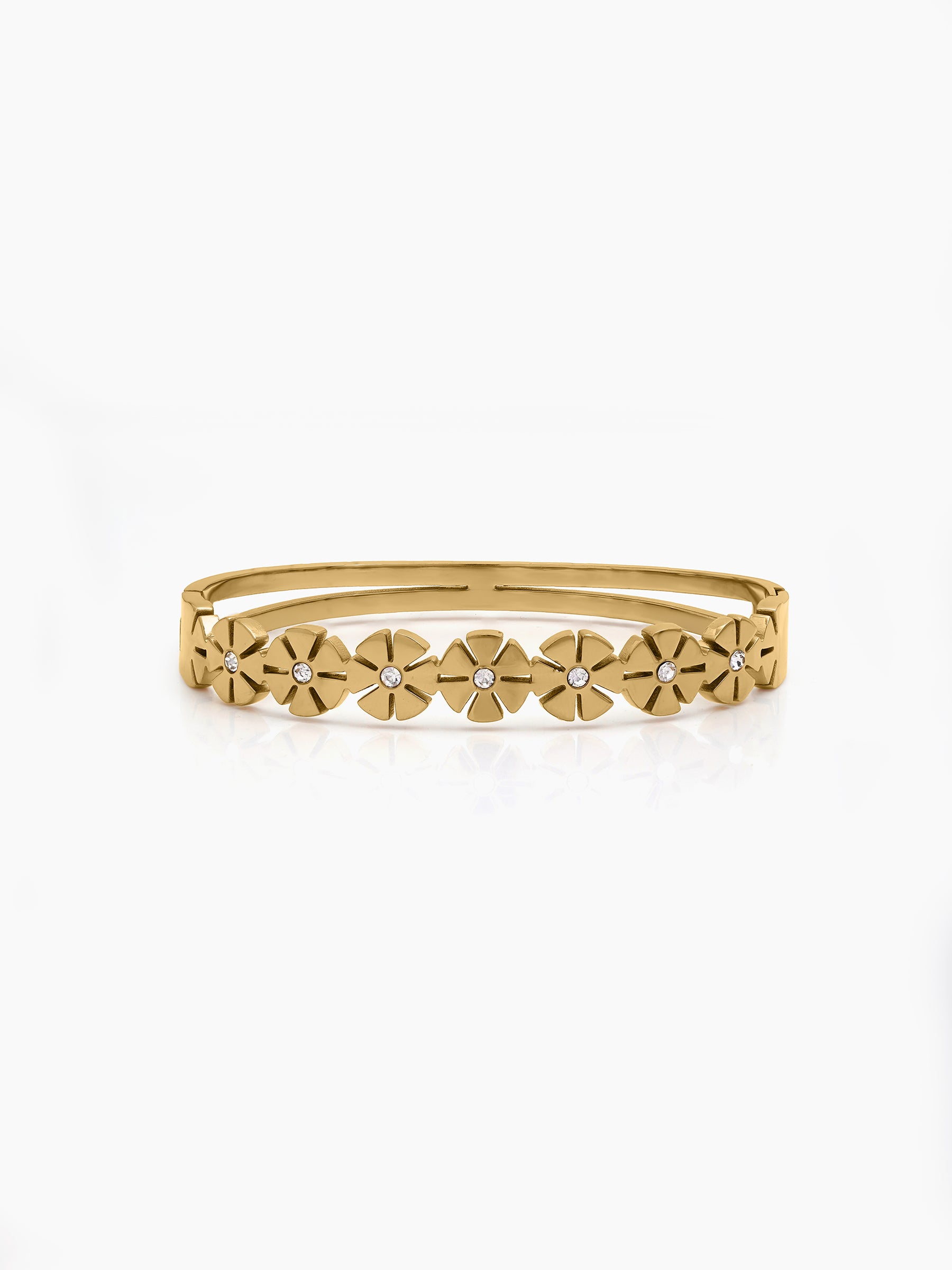 Marveta Floral Diamond Solitaire 18K Gold Plated Women's Solid Band Bracelet