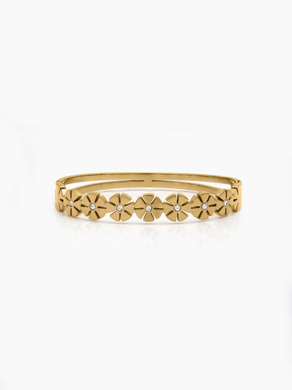 Marveta Floral Diamond Solitaire 18K Gold Plated Women's Solid Band Bracelet
