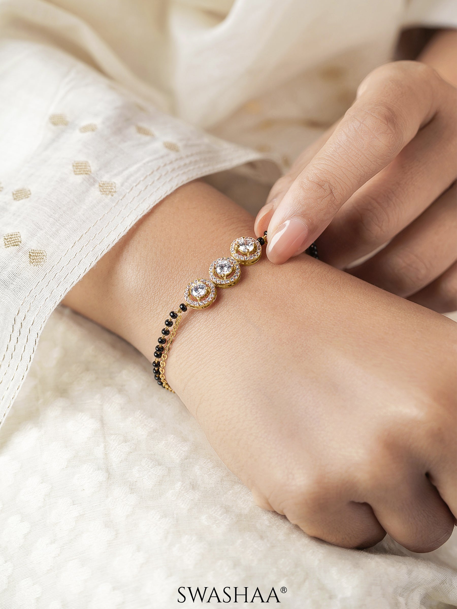 Pihu Three Diamond Solitaire 18K Gold Plated Mangalsutra Bracelet