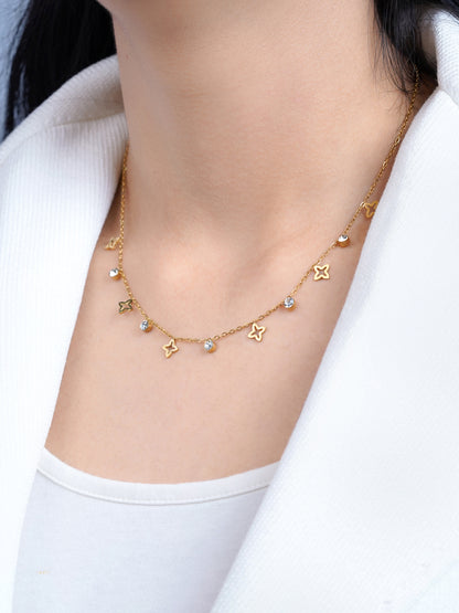 Mella Clover Sparkling Crystal Diamond Charms 18K Gold Plated Choker Necklace