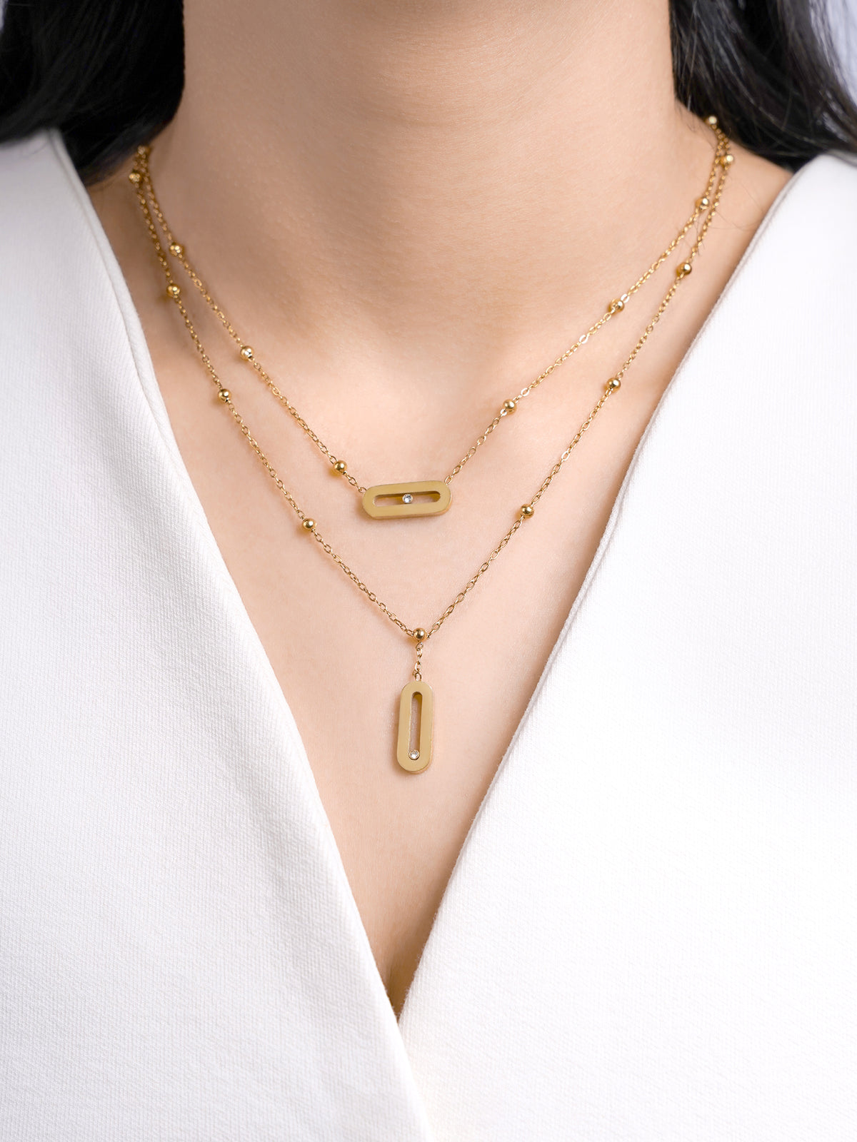 Meluri Layered Sleek Open Oval Diamond Charms 18K Gold Plated Necklace