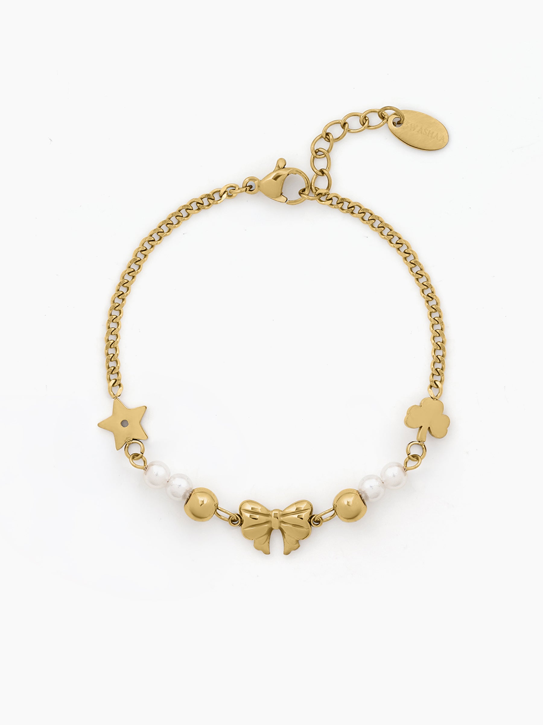 Melviana Bow White Pearl Gold Beads Star Charms 18K Gold Plated Women's Loose Chain Bracelet