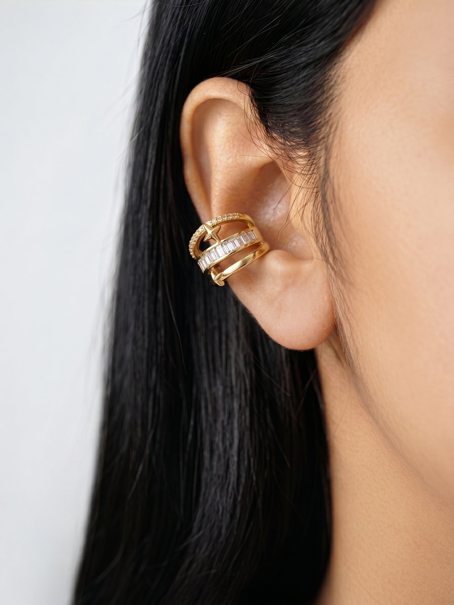 Merin Baguette Diamond Solitaire 18K Gold Plated Women's Ear Cuffs