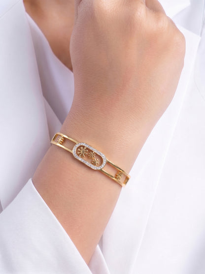 Meriva Floral Orbit Diamond Solitaire 18K Gold Plated Women's Solid Band Bracelet 