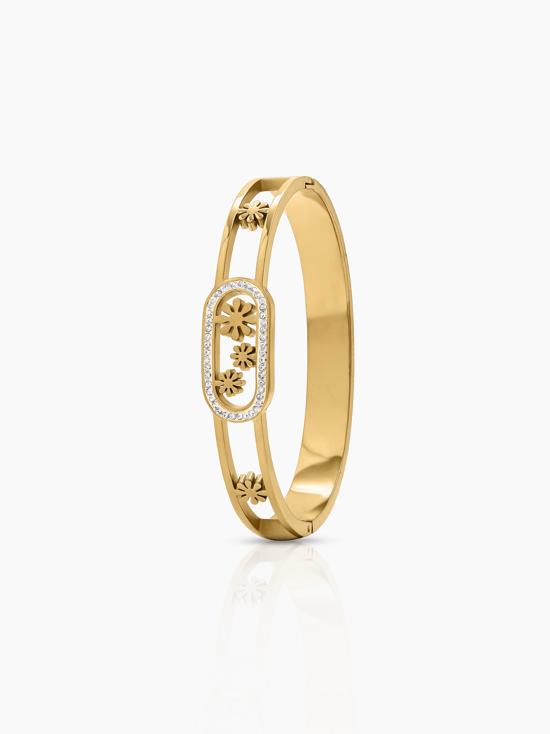 Meriva Floral Orbit Diamond Solitaire 18K Gold Plated Women's Solid Band Bracelet 
