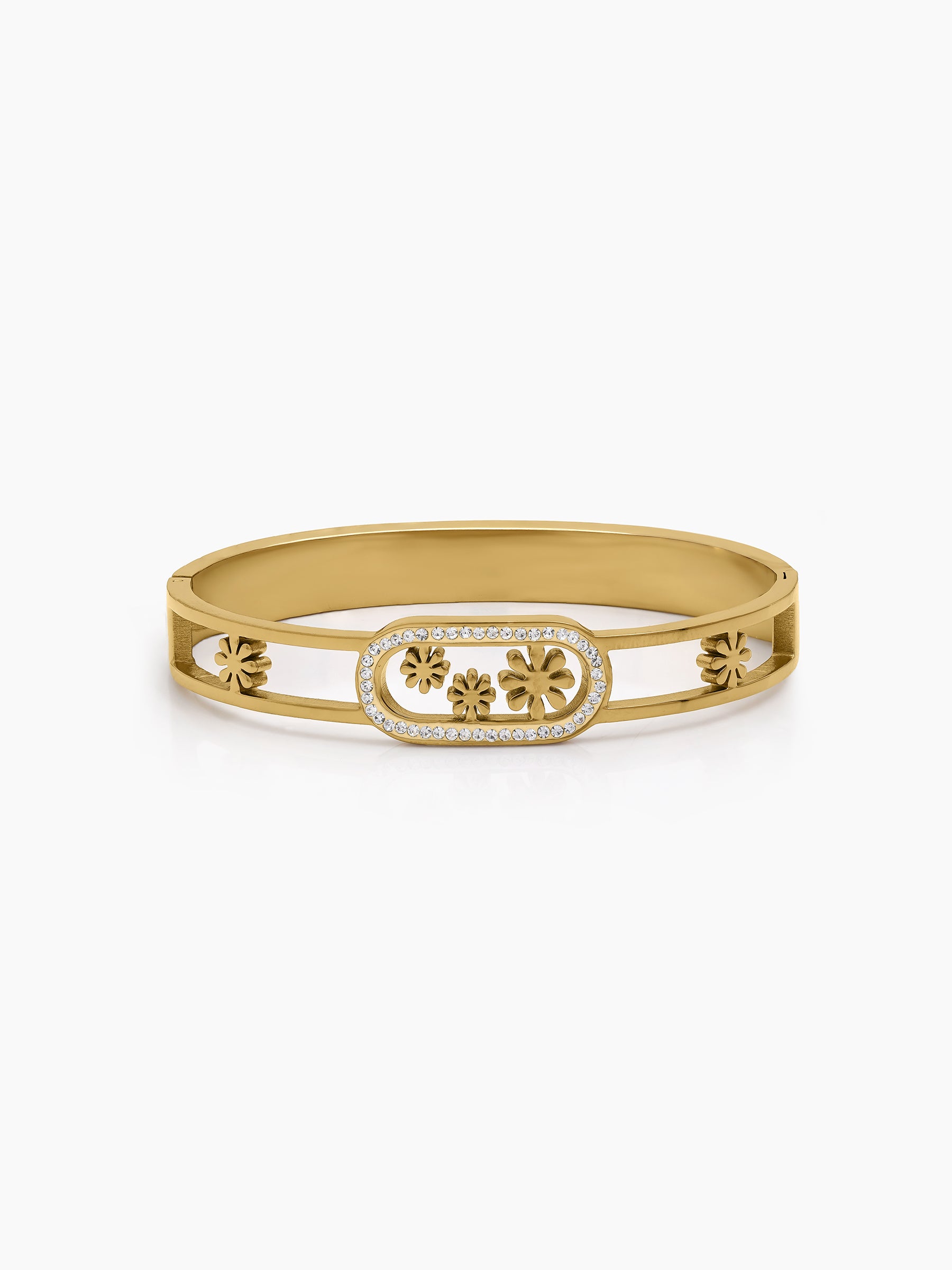 Meriva Floral Orbit Diamond Solitaire 18K Gold Plated Women's Solid Band Bracelet 