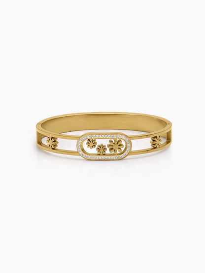 Meriva Floral Orbit Diamond Solitaire 18K Gold Plated Women's Solid Band Bracelet 