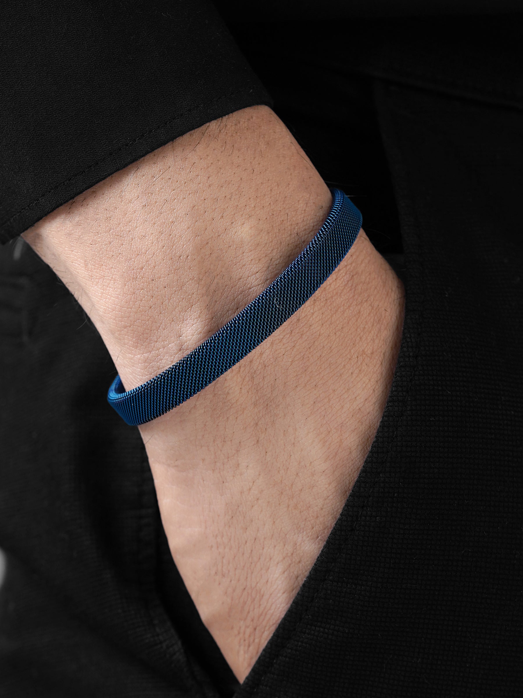Mesh Fine Textured Blue Cuff Men's Bracelet