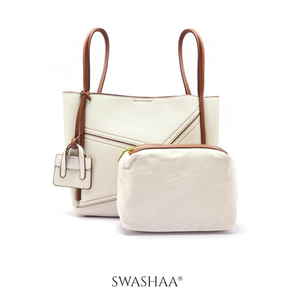 Mic Cream Leather Tote Bag - Swashaa