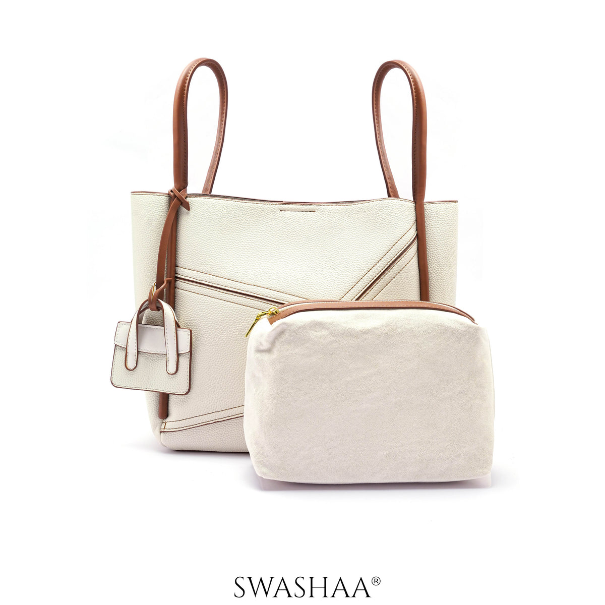 Mic Cream Leather Tote Bag - Swashaa