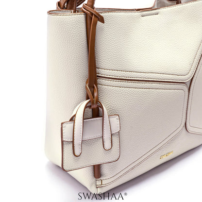 Mic Cream Leather Tote Bag - Swashaa