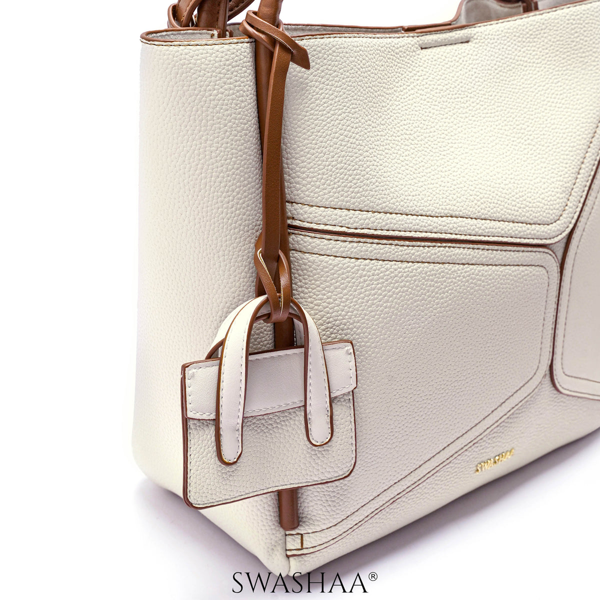 Mic Cream Leather Tote Bag - Swashaa