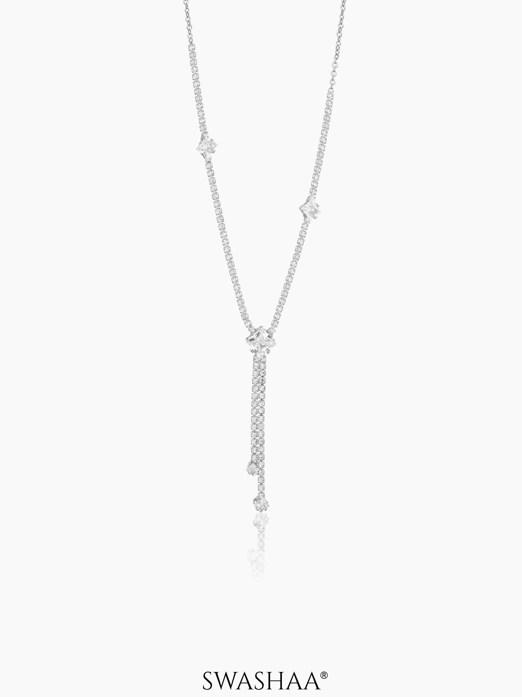 Mila Square Crystal Drop Y-shaped Silver Chain Pendant  Necklace