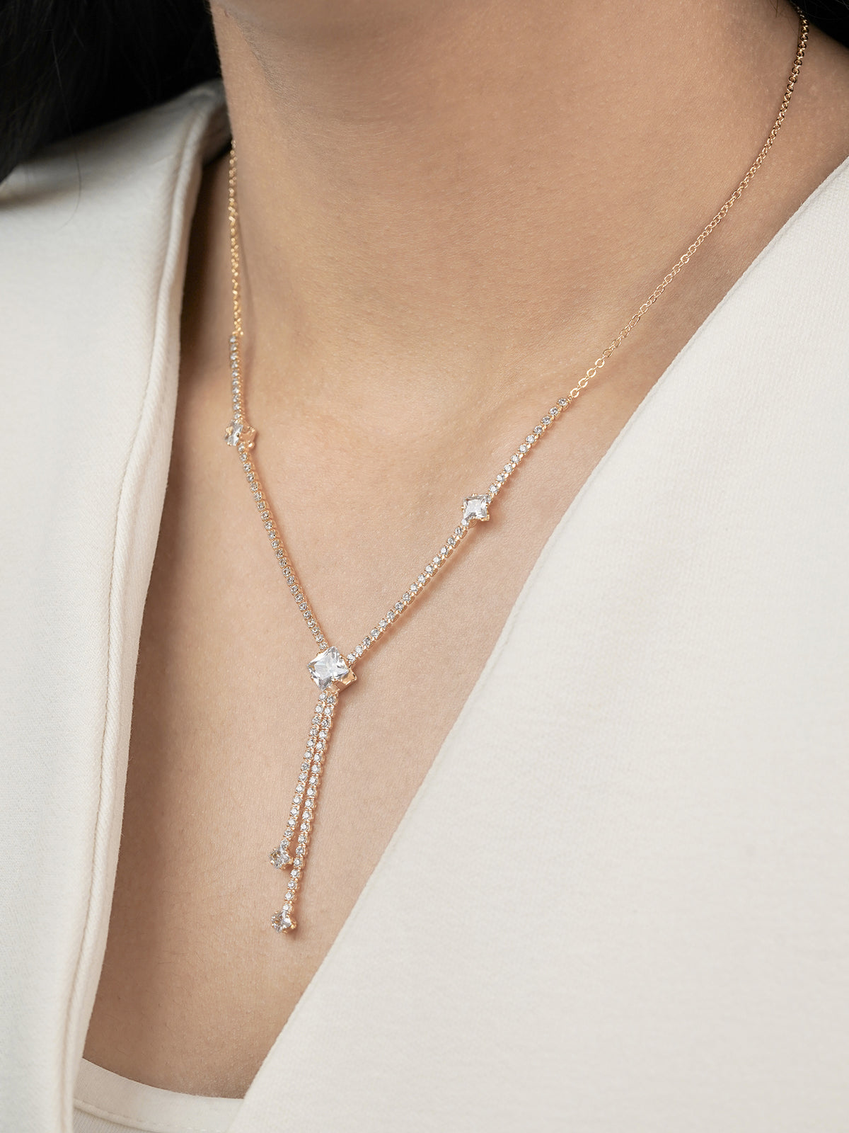 Mila Square Crystal Drop Y-shaped 18K Gold Plated Chain Pendant Necklace