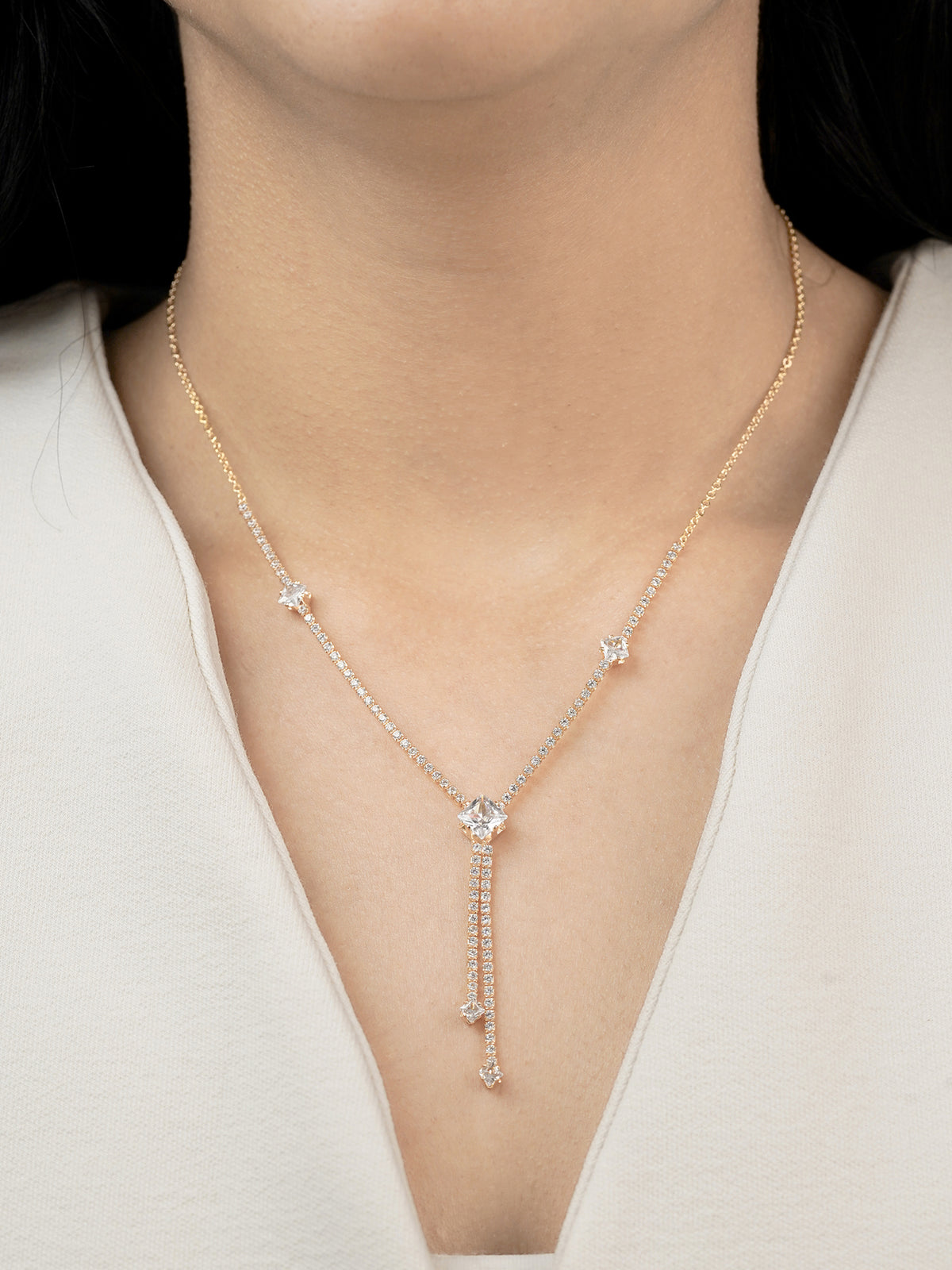 Mila Square Crystal Drop Y-shaped 18K Gold Plated Chain Pendant Necklace