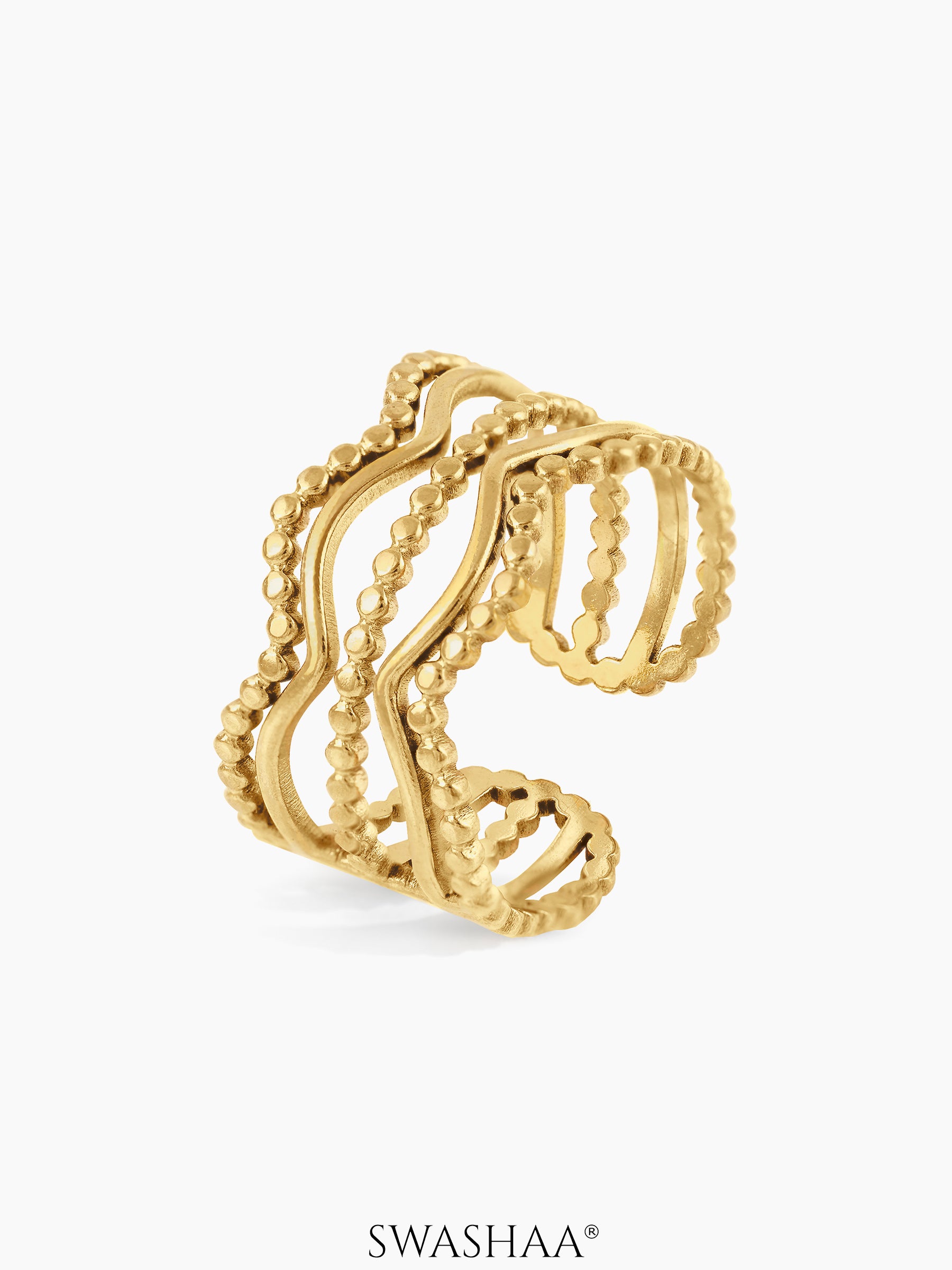 Milaan Multi Band Wave Beaded 18K Gold Plated Ring