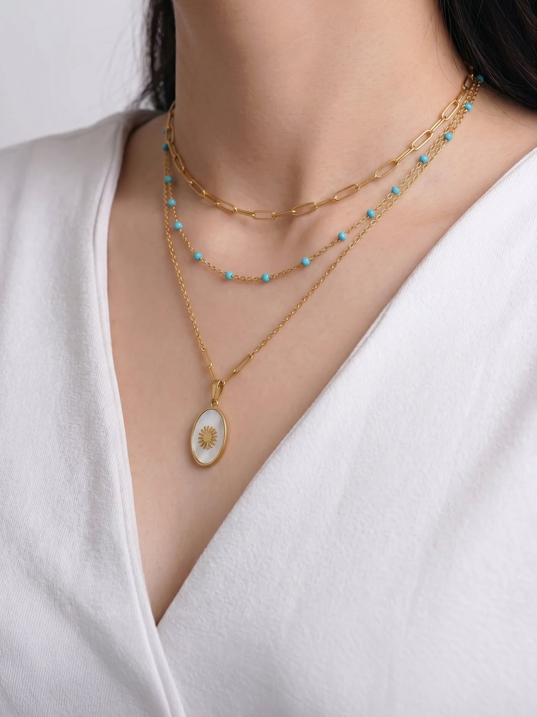 Mirava Pearl Link Beaded Chain Oval Shape Sun Motif Charm 18K Gold Plated Women's Layered Chain Pendant Necklace