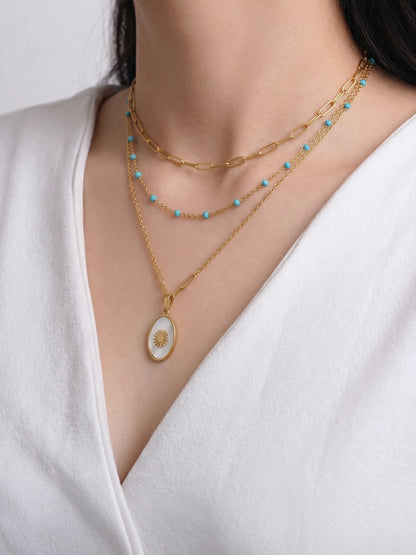 Mirava Pearl Link Beaded Chain Oval Shape Sun Motif Charm 18K Gold Plated Women's Layered Chain Pendant Necklace