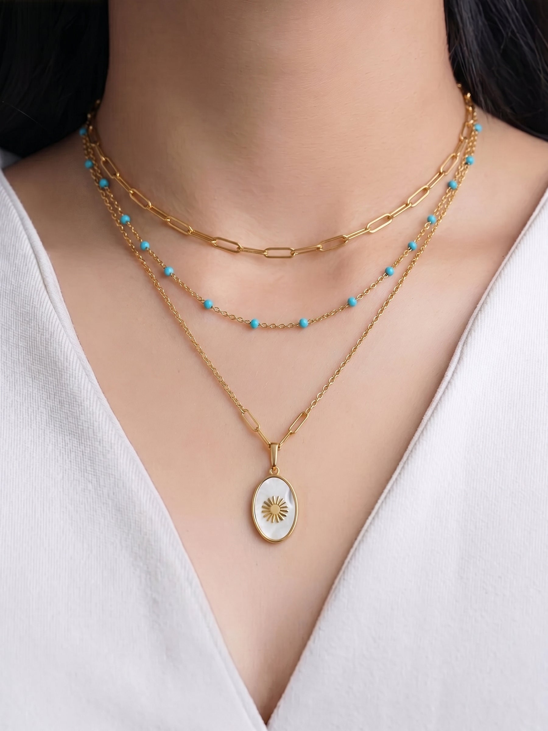 Mirava Pearl Link Beaded Chain Oval Shape Sun Motif Charm 18K Gold Plated Women's Layered Chain Pendant Necklace