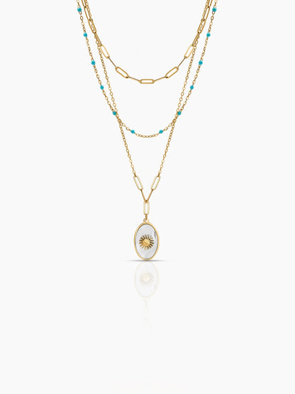 Mirava Pearl Link Beaded Chain Oval Shape Sun Motif Charm 18K Gold Plated Women's Layered Chain Pendant Necklace