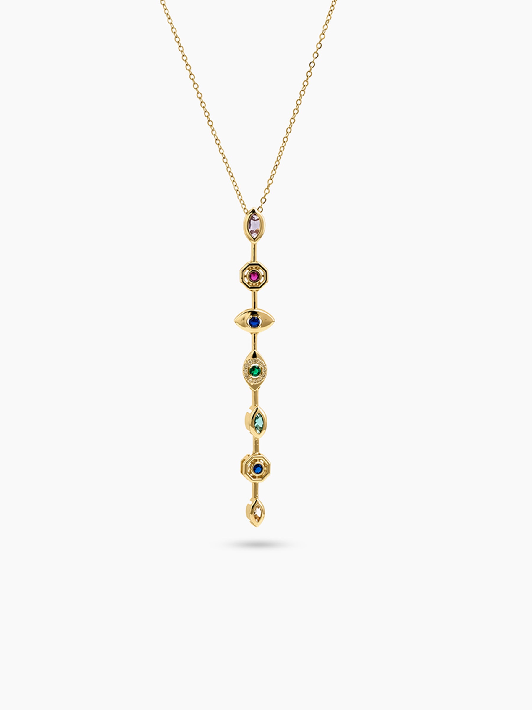 Miray Multi Diamond Color Stone Y-Shape 18K Gold Plated Women's Chain Pendant Necklace